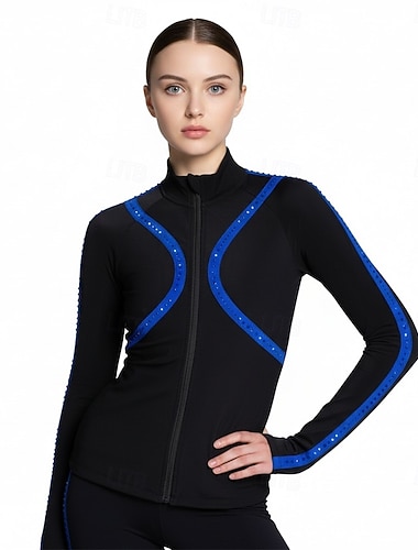  Fleecejakke til skøyteløp Dame Skøyteløp Jakke Topper Svart / Blå Lapper Spandex Elastisk Trening Konkurranse Skøyteklær Hold Varm Klassisk Langermet Skøyting Kunstløp