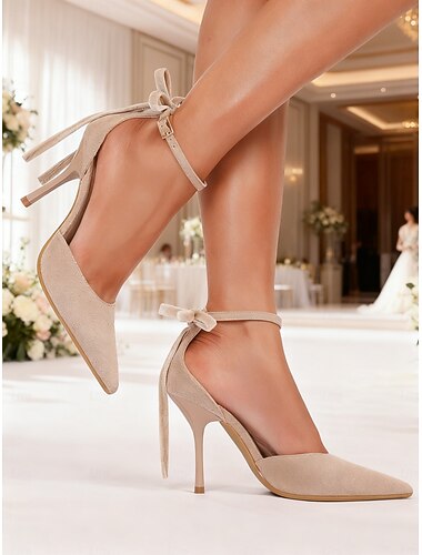  Nude suède enkellaarsjes met strik voor dames – elegante stiletto pumps met puntige neus voor bruiloften binnenshuis, bruiloftsgasten en formele feestschoenen