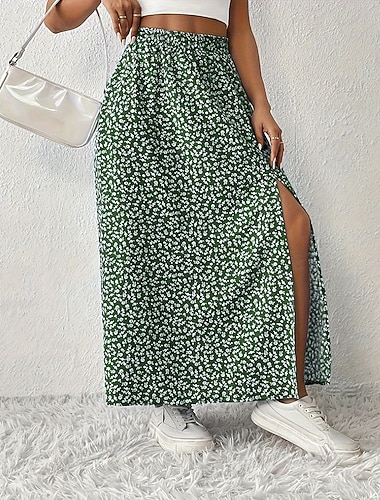 Damen Mode Lässig Maxi Hohe Taille Röcke Blumenmuster Druck Gespleißte Enden Mikroelastisch Täglich Urlaub Schwarz Rote Königliches Blau Himmelblau Sommer Polyester
