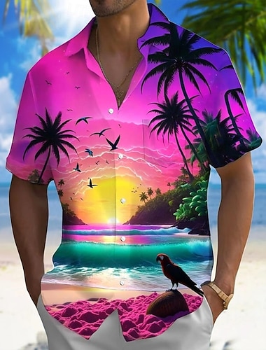  Herren Kokospalme Ozean Tropische Pflanzen Sommer Hawaiihemd Knopfhemd Alohahemd Kurzarm Hawaiianisch Lässig Urlaub Sommer Frühling Umlegekragen 3D-Druck Hemden mit Kragen Eine Tasche vorne Blau