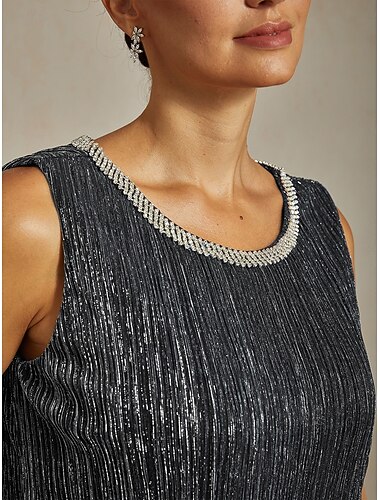  Dam Mini klänning Chiffongklänningar Elegant Kvällsfest Bröllopsgäst Cocktailfest Plisserad Multi lager Metallisk Ensfärgat Ärmlös Rund hals Silver