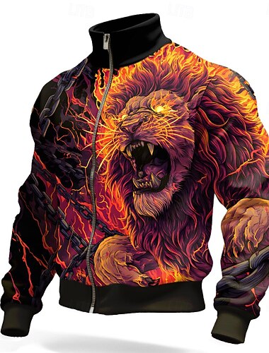  Homme Lion Flamme Veste Sweatshirt Frais Quotidien Fantaisie Tactique Col montant Extérieur Vêtements de rue Soirée Violet Orange Vert Zip Up Printemps Automne Designer S M L XL XXL XXXL