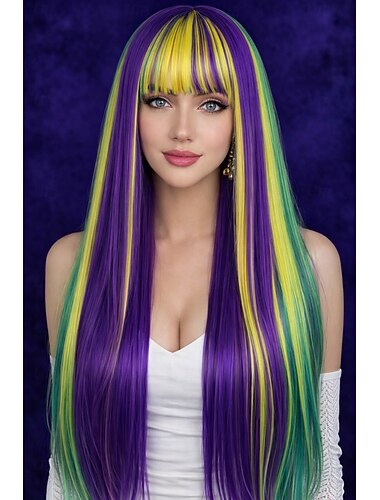  Peruca de carnaval longa e lisa, com as cores do arco-íris, sintética, para festivais, desfiles de Mardi Gras e fantasias de cosplay.