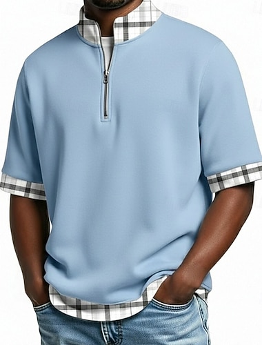  Herren Poloshirts Lässig Ferien Stehkragen Kurzarm Basic Modern Karomuster Farbblock Knöpfe Sommer Frühling Blau Marineblau Purpur Braun Grün Poloshirts