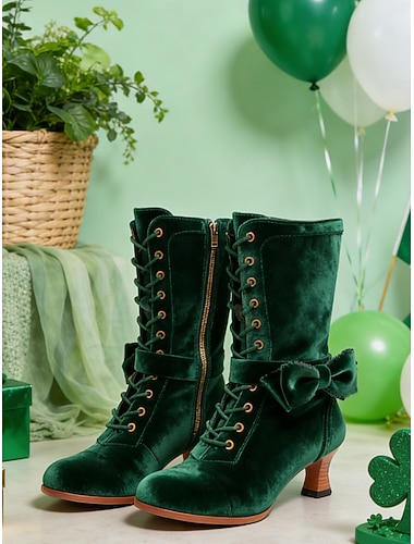  Damen-Schnürstiefel aus waldgrünem Samt – elegante Stiefeletten mit Kitten-Heel und Schleifendetail für Veranstaltungen zum St. Patrick's Day und Winterfeste