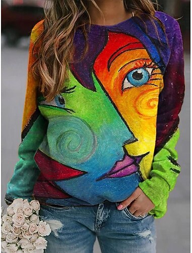  Damen Pullover Sweatshirt Druck Grafik Abstrakt Lässig Langarm Rundhalsausschnitt Normale Oberteile Lässig Straße Ferien Grün Regenbogen Frühling Winter