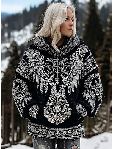  Dame Pullover hettegenser-genser Lapper Trykt mønster Lomme foran Grafisk Geometrisk Stamme Årgang Fritid Bohem Langermet Med hette Vanlige topper Avslappet Gate Hverdag Svart Vår Høst Vinter