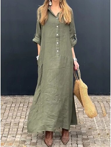  Per donna Abito maxi Vestito Estivo Abito a Tubino Vacanza Casual Boho Quotidiano Spiaggia Ferie Vestibilità comoda Semplice Manica Lunga Bavero Bianco Rosa Verde Estate Primavera