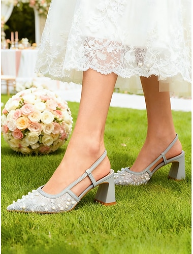  damesko med perleutsmykning og slingback-hæler – elegante blondesko med spiss tå for brudepiker &gjester, blokkhæler til hagen &utendørs seremonier