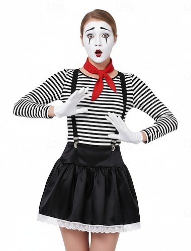  Costume élégant Artiste Mime Clown mime Cirque Déguisement Cosplay Rayé Adulte Femmes Halloween Carnaval Soirée Performance Vêtements de Maison Se déguiser