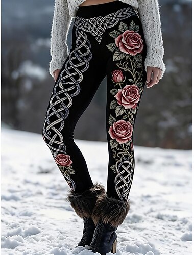  Per donna Leggings Vacanza Vintage Casual Lunghezza intera Vita Alta Grafico Comodità Morbido Confortevole Micro-elastico Quotidiano All'aperto Vacanza Nero Primavera Autunno Aderente