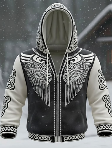  Homme Illusion d'optique Ailes Celtics Sweat à capuche Veste Sweatshirt Viking 3D Fantaisie Imprimé sur toute la surface manche longue Fermeture éclair Vêtements de rue Vacances Sortir Noir Blanche