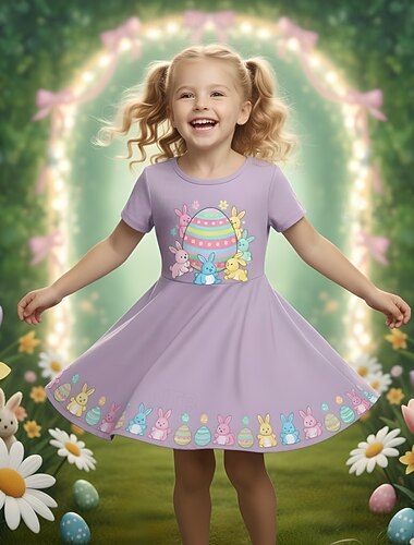  Ostern Mädchen' 3D Grafik Kaninchen Kleid Kurzarm 3D-Druck Sommer Frühling Täglich Urlaub Party Niedlich Basic Lässig Kinder 4-12 Jahre Freizeitkleid A Linie Kleid Knielang Normale Passform