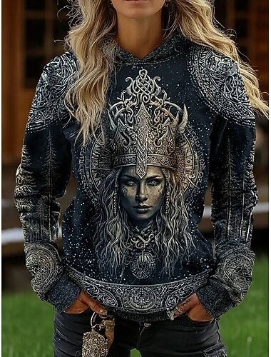  Damen Kapuzenpullover Grafik Geometrisch Stammes Elegant Punk Vintage Langarm Mit Kapuze Normale Oberteile Lässig Heim Straße Schwarz Frühling Herbst