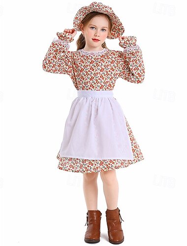  250-årsjubileum USA 1800-talet Gamla västern Prärieklänning Motorhuva och förkläde Lång ärm Pioneer Girl Koloniala kostymer Pionjär Revolutionskriget Blommig Maskeradkläder Flickor Halloween Karnival