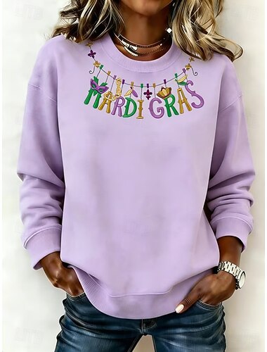  Dames Trui-sweatshirt Afdrukken Grafisch Klaver Klassiek Casual Lange mouw Strakke ronde hals Normale tops Feestavondkleding Feestoutfits Wit Licht Paars Lente Herfst