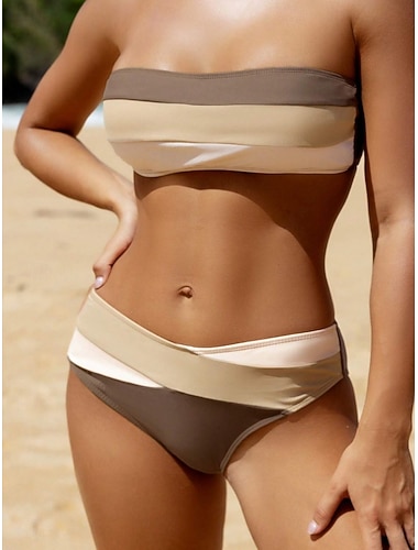  Femmes Maillots de Bain Bikini 2 pièces Coquin Maillot de bain Mince Dos nu Vacances Tenues de plage Rayure Sans bretelles Sans manches Maillots de bain