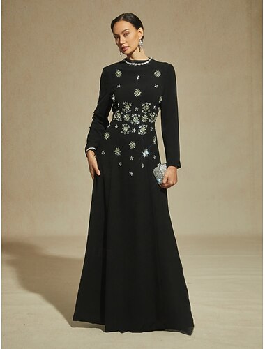  نسائي فستان طويل فستان شيث فستان البوق  حورية البحر فستان شكل حرف A أنيق رسمي حفلة ليلية مادة لامعة مطرز منمق عادي لون الصلبة كم طويل مرتفعة أسود