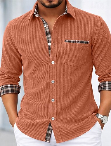  Herren Hemd Kleidhemd Cordhemd Knopfhemd Karomuster Lässig Täglich Schwarz Marineblau Orange Grün Langarm Umlegekragen Ganzjahres Bekleidung Patchwork