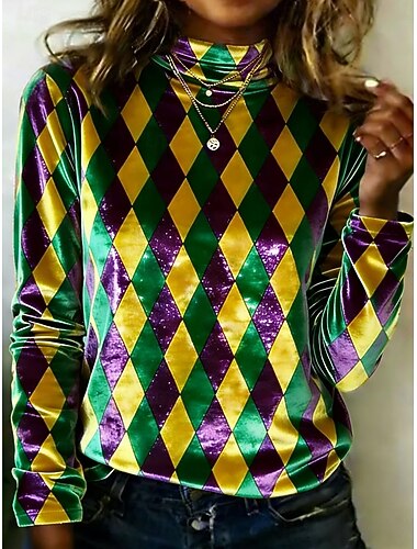  Karnival Mardi gras Dam Tunika T-shirts Mönster Nyans Grafisk Geometrisk Elegant Vintage Mode Långärmad Polokrage Hög hals Vanliga toppar Dagligen Utekväll Helgen Purpur Grön Vår Höst Vinter