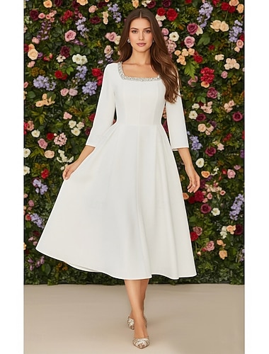  Corte A Vestido Midi Vestido de fiesta de graduación Vestido de Fiesta Vestido Cóctel Vestidos para la despedida de soltera Vestido de novia Elegante Vintage Vestidos Blancos Manga 3/4 Camiseta con