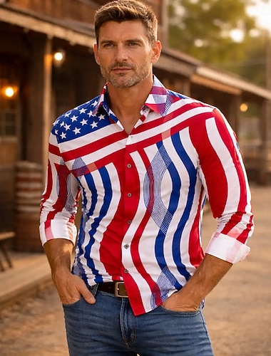 250-jähriges Jubiläum USA Retro Vintage 1970er Hemd Aloha-Hemd langarm Hippie Geometrisch Ethnisch Kostüm Herren Maskerade 4. Juli Party Unabhängigkeitstag Erwachsene Hemd