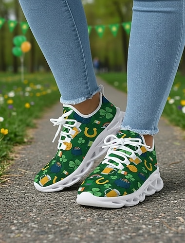  Damessneakers met klaverprint voor St. Patrick's Day – lichtgewicht, gedempte wandelschoenen voor casual gebruik, parades, buitenactiviteiten en feestelijke gelegenheden.