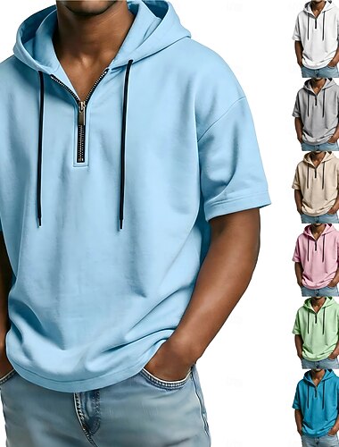  Hommes T-shirt Sweats à capuche zippés Manche Courte Fermeture éclair Été Printemps Couleur Unie Traditionnel / Vintage Occasionnel À capuche Maison Formel Sport & Loisir Bleu Ciel T-shirt haut de