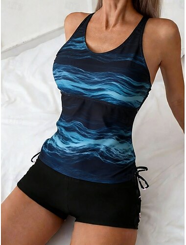 Femmes Maillots de Bain Tankini 2 pièces Taille haute Maillot de bain Contrôle du ventre Taille haute Mince Dos nu Vacances Tenues de plage A Ombre Col en U Sans manches Maillots de bain
