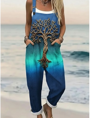  Damen Overall Aktiv Blumen Ärmellos Haremshose Rundhals Tasche Druck Täglich Heim Lässiger Schnitt Blau Purpur Orange Sommer