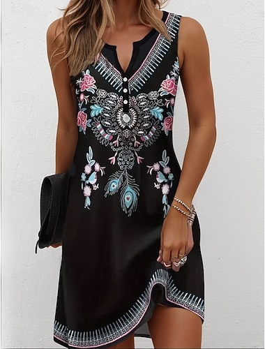  Femmes Mini Robe Robe d'Été Robe fourreau Robe d'été Robe à épaules dénudées Vacances Occasionnel Boho Quotidien Fête Sortir Coupe régulière Graphique Tribal Sans manches Col en V Noir Été Printemps
