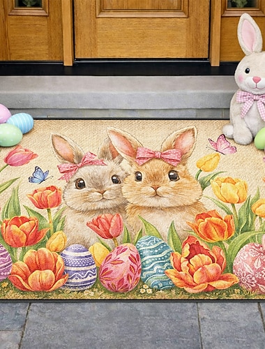  zerbino pasquale con coppia di coniglietti e fiocchi rosa circondati da vivaci tulipani e uova decorative, perfetto come decorazione di benvenuto primaverile per le feste
