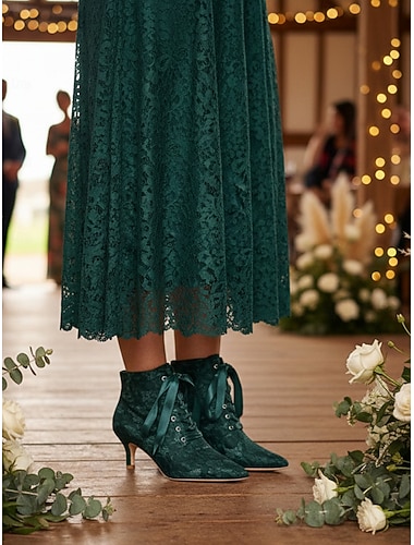  Bottines à lacets vertes pour femmes avec ruban de satin et talon chaton - bottes habillées de style victorien vintage pour dames, parfaites pour les mariages, les soirées Gatsby &événements officiels