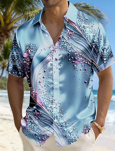  Férfi Mértani Hullámok Absztrakt muveszet Ing Szatén ing Rövid ujjú Alkalmi divat Napi Vakáció Nyár Tavasz Térfogatcsökkenés 3D nyomtatás Gombolható ingek Medence Bíbor Narancssárga Lóhere