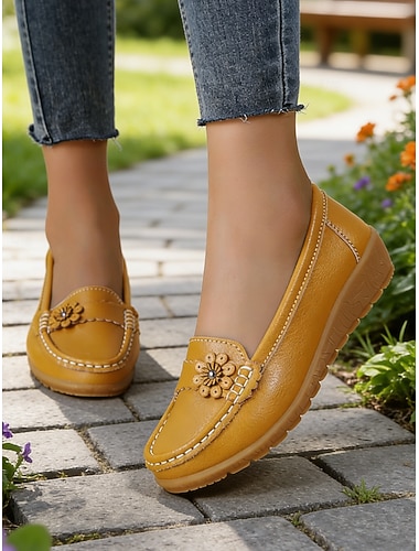  Damen gelbe Komfort Mokassins – Kunstleder Blüten Detail lässige Stil Gehschuhe für Arbeit Shopping Reisen  täglichen Gebrauch