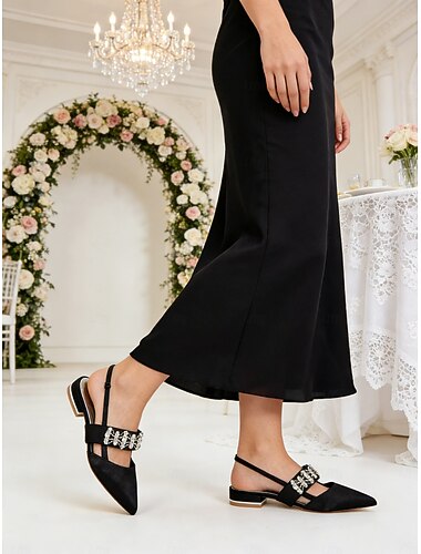  Zwarte, met kristallen versierde slingback ballerina's met spitse neus voor bruidsmeisjes – elegante satijnen schoenen met lage hak voor bruiloften, avond- en formele gelegenheden voor vrouwen