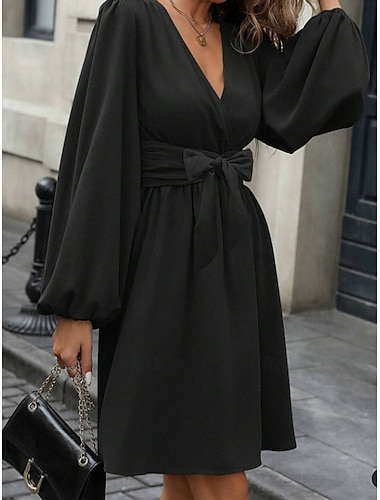  Damen Knielanges Kleid schwarzes kleid Freizeitkleid Elegant Mode Modern Laternenärmel Outdoor Urlaub Ausgehen Normale Passform Einfach Langarm V Ausschnitt Schwarz Sommer Frühling Herbst