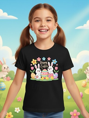  100% Coton Pâques Enfants Fille Bleu Noir Blanche Graphique Lapin T-shirt Col Rond Manche Courte Quotidien Extérieur Vêtements de rue Sports Mode Occasionnel Impression Été Printemps
