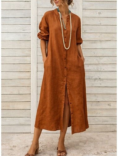  Vestido largo caftán de mujer 100% algodón, vestido casual, básico, moderno, para uso diario o fin de semana, corte holgado, liso, manga corta, cuello en V, negro, azul marino, marrón, verde, verano, primavera