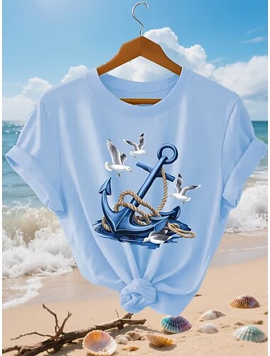  Γυναικεία Μπλουζάκι Στάμπα Γραφική Άγκυρα Βίντατζ Στυλάτο Κλασσικό Κοντομάνικο Στρογγυλή Ψηλή Λαιμόκοψη Κανονικά μπλουζάκια Καθημερινά Σαββατοκύριακο Θαλασσί Λευκό Καλοκαίρι Άνοιξη