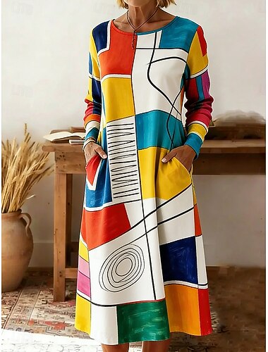  Damen Midikleid Etui-Kleid T-Shirt-Kleid Urlaub Lässig Boho Ferien Date Normale Passform Grafik Geometrisch Farbblock Langarm Rundhalsausschnitt Blau Weiß Gelb Sommer Frühling