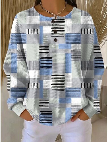  Dames Trui-sweatshirt Knop Grafisch Geometrisch Elegant Vintage Modieus Lange mouw Strakke ronde hals Ronde hals Normale tops Casual Huis Bruiloft gast blauw Zwart en Wit Wit + blauw Gray + groen