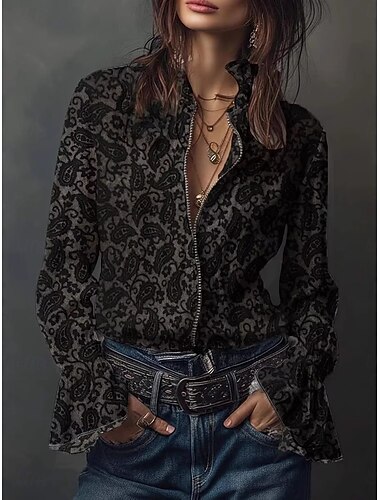  Dámské Košile Halenka Krajkové topy Zip Květinový Grafika Leopard Elegantní stylové Základní Dlouhý rukáv Stojáček Běžné topy Denní Dovolená Jdeme ven Černá Léto Jaro Podzim