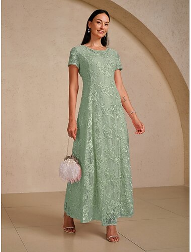  نسائي فستان طويل فستان شكل حرف A أنيق حفلة ليلية محاك بربطات ترتر عادي ورد كم قصير رقبة عالية مدورة أخضر زيتي