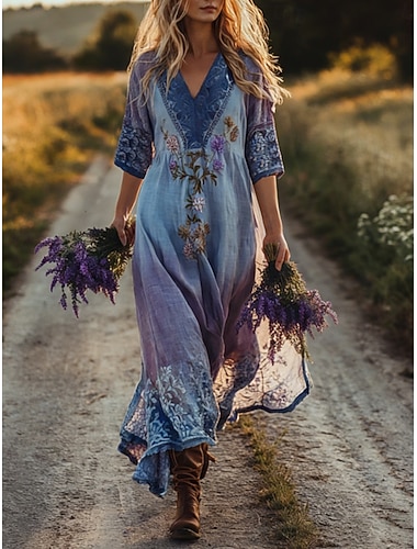 Damen Langes Kleid Maxikleid Boho-Kleid Freizeitkleid Ethnokleid Vintage Täglich Outdoor Urlaub Normale Passform Blumen Langarm V Ausschnitt Purpur Sommer Frühling Herbst
