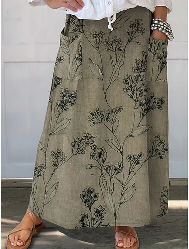  Dames Casual Maxi Midi Linnenachtig Taille Rok Floral Floral Inelastic Dagelijks Vakantie Bruin Donkerblauw Wit+Blauw Beige Zomer Polyester