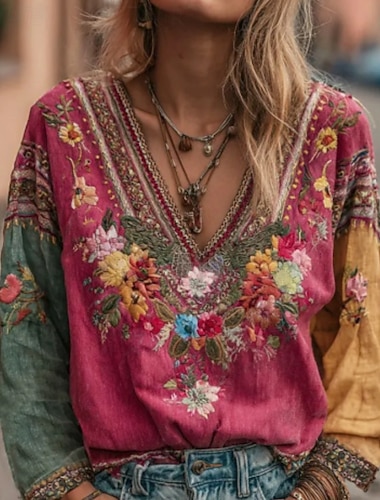  Damen Hemd Baumwoll-Leinen-Hemden Boho-Hemd Bluse Bestickt Blumen Grafik Bohemien Vintage Stilvoll Langarm V Ausschnitt Normale Oberteile Täglich Ferien Ausgehen Rosa Sommer Frühling