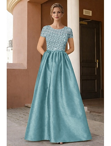  Linea ad A Lunghezza al pavimento Perline ricamate Abito Formale Abito da madre della sposa Abito da Sera Elegante Abbellito Semi-formale / Cocktail Manica Corta Scollo Tondo Festa serale Matrimonio