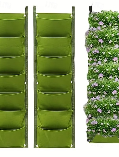  2er-Set vertikale Hängepflanzensäcke mit 7 Fächern, für drinnen und draußen, zur Wandmontage, klassisch und leicht, ideal für Balkon, Garten und als Dekoration. Geeignet für Blumen, Sukkulenten und