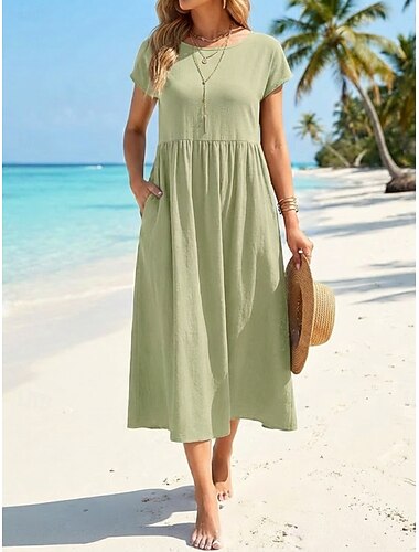  Női Midi ruha Műpamut ágynemű Váltó ruha Divat Modern Szabadtéri Tengerpart Vakáció Laza öltözet Sima Rövid ujjú Terített nyak Fekete Fehér Világoszöld Arcpír rózsaszín Nyár Tavasz
